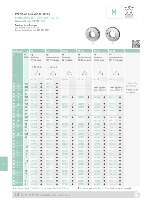 M Ring Gauge for Metric Thread 6g (Standard)