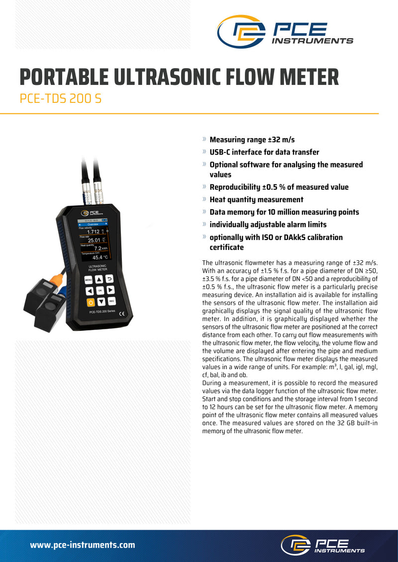 Τεχνικό φυλλάδιο (datasheet) PCE Instruments PCE-TDS 200 S, ροόμετρο υπερήχων