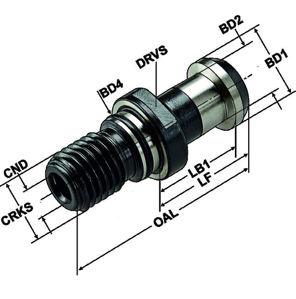 Τεχνικό σχέδιο διαστάσεων PS-AD-R3 - Kemmler pull stud: CRKS, OAL, LF, LB1, BD1, BD2, BD4, CND, BHTA, DRVS