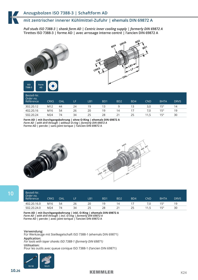 Τεχνικό φυλλάδιο Kemmler PS-AD - Pull Stud ISO 7388-3 Form AD (πρώην DIN 69872 A): σχέδιο και πλήρεις διαστάσεις για τις εκτελέσεις με και χωρίς O-Ring, κωδικοί 302.20.12, 402.20.16, 502.20.24, 402.20.16.0, 502.20.24.0