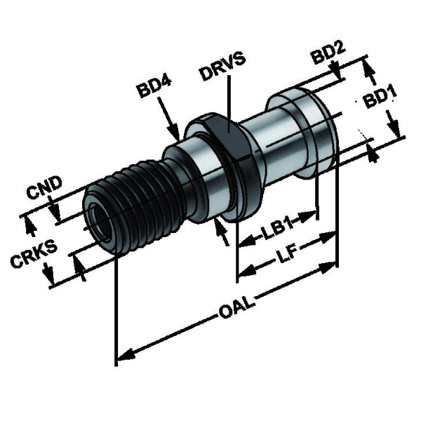 Τεχνικό σχέδιο διαστάσεων PS-AD - Kemmler pull stud: CRKS, OAL, LF, LB1, BD1, BD2, BD4, CND, BHTA, DRVS