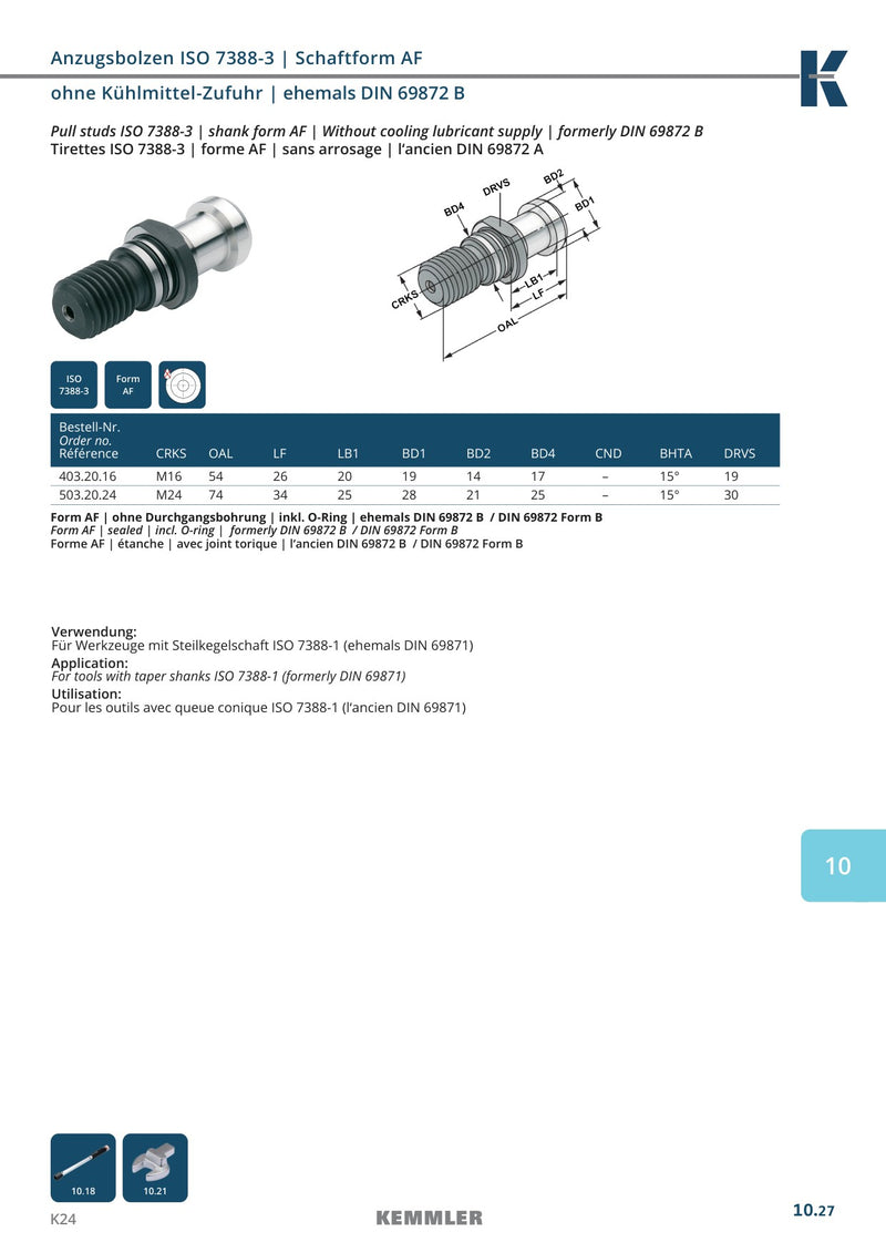 Τεχνικό φυλλάδιο Kemmler PS-AF-R - Pull Stud ISO 7388-3 Form AF: σχέδιο και πλήρεις διαστάσεις για τη στεγανή εκτέλεση με O-Ring, κωδικοί 403.20.16, 503.20.24