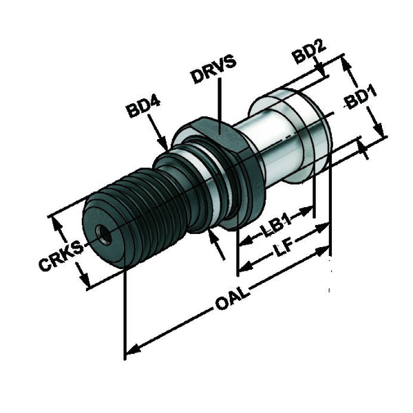 Τεχνικό σχέδιο διαστάσεων PS-AF-R - Kemmler pull stud: CRKS, OAL, LF, LB1, BD1, BD2, BD4, CND, BHTA, DRVS