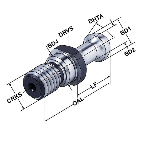 Τεχνικό σχέδιο διαστάσεων PS-BIESSE - Kemmler pull stud: CRKS, OAL, LF, LB1, BD1, BD2, BD4, CND, BHTA, DRVS