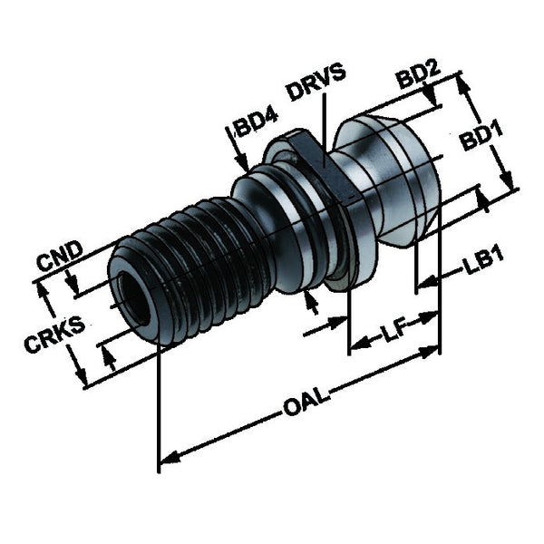 Τεχνικό σχέδιο διαστάσεων PS-ISO7388-1 - Kemmler pull stud: CRKS, OAL, LF, LB1, BD1, BD2, BD4, CND, BHTA, DRVS