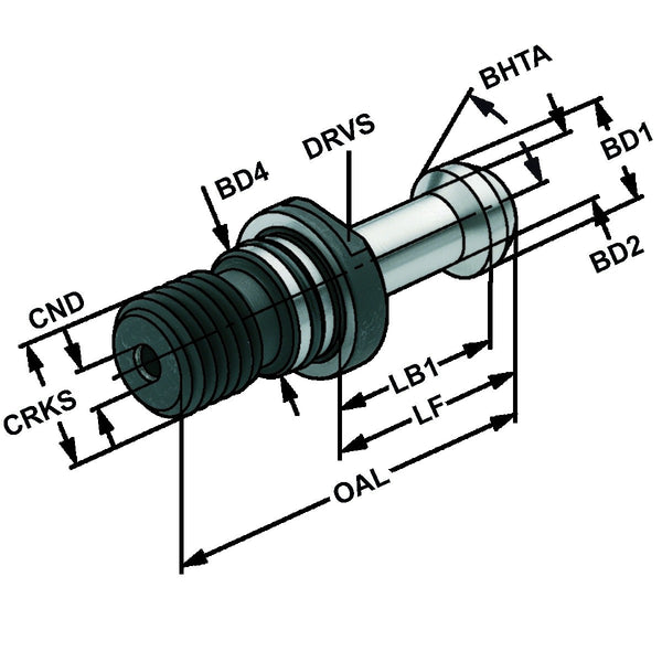 Τεχνικό σχέδιο διαστάσεων PS-JD-MAS-BT - Kemmler pull stud: CRKS, OAL, LF, LB1, BD1, BD2, BD4, CND, BHTA, DRVS