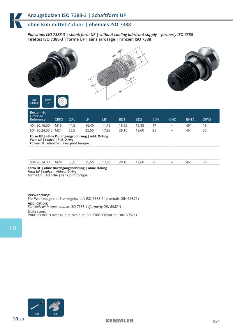 Τεχνικό φυλλάδιο Kemmler PS-UF - Pull Stud ISO 7388-3 Form UF (χωρίς παροχή ψυκτικού): σχέδιο και πλήρεις διαστάσεις για τις εκτελέσεις με και χωρίς O-Ring, κωδικοί 404.20.16.30, 504.20.24.30, 504.20.24.30.0