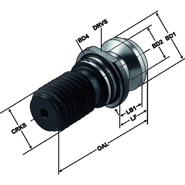 Τεχνικό σχέδιο διαστάσεων PS-UF - Kemmler pull stud: CRKS, OAL, LF, LB1, BD1, BD2, BD4, CND, BHTA, DRVS