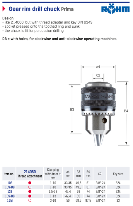 Τσόκ Τρυπανιών Prima 3/8"x24 - με Κλειδί (μονο για δράπανα χειρός) Rohm