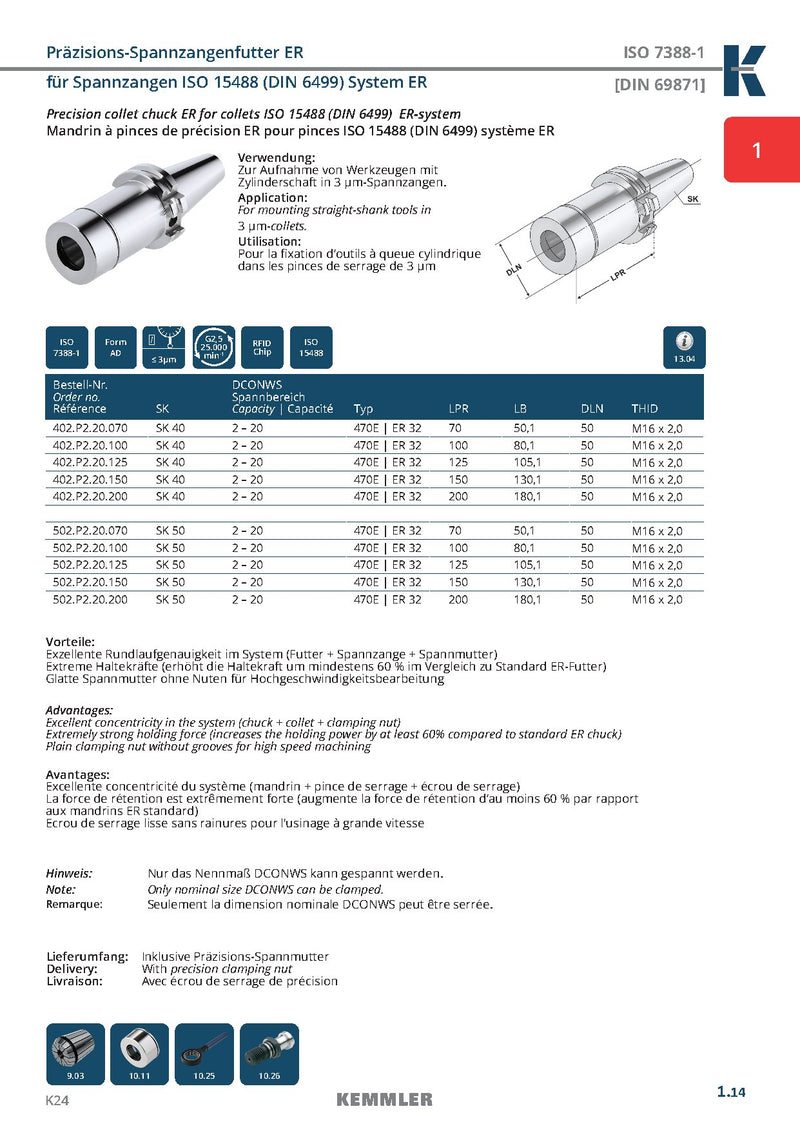 Τεχνικά χαρακτηριστικά SK-ER2.5 (High clamping force) - Κώνος SK της Kemmler για Collet ER υψηλής ακρίβειας G2.5 στις 25.000RPM (high clamping force) (σελ. 2)