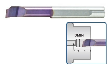 Μίνι μανέλα καρβιδίου τρύπας Echain nanocut GT1RL104R005, ασημί σώμα με μωβ κοπτικό άκρο και διάγραμμα DMIN