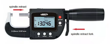 Ψηφιακό μικρόμετρο Insize 3358 IP65 0-25mm με οθόνη LCD, κουμπιά ON/OFF-ZERO και πιρούνι επαναφοράς άξονα