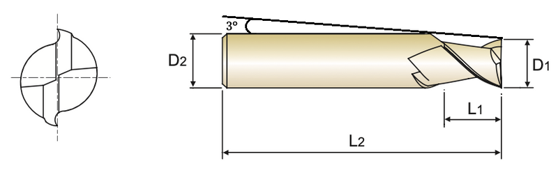 2-Flute Endmill Tapered Carbide Endmill 3°