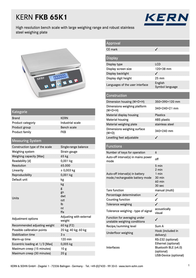 Zυγός Ακριβείας εώς 65 kg με ανάγνωση 1 gr Kern
