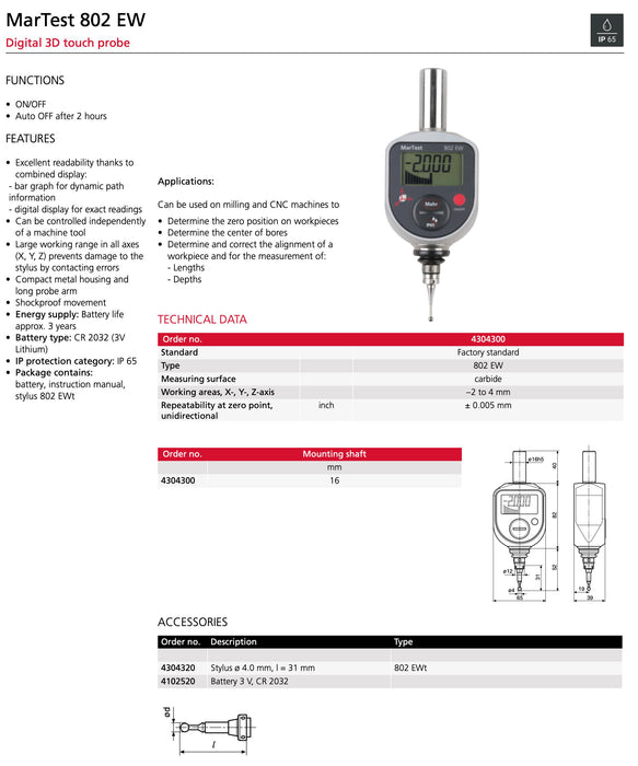 3D Tester Μηδενιστής Φρέζας Ψηφιακός IP67 Mahr