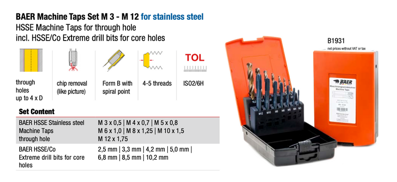 Σετ Κολαουζα Μηχανής HSSE - VAP (Co 5%) + Τρυπάνια | (M3-M12) - ΙΝΟΧ - VAP Baer