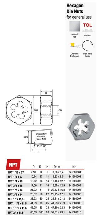 Φιλιέρα Εξάγωνη NPT-Αμερικάνικου Σπειρώματος Σωλήνων Ίντσας (Tapered)