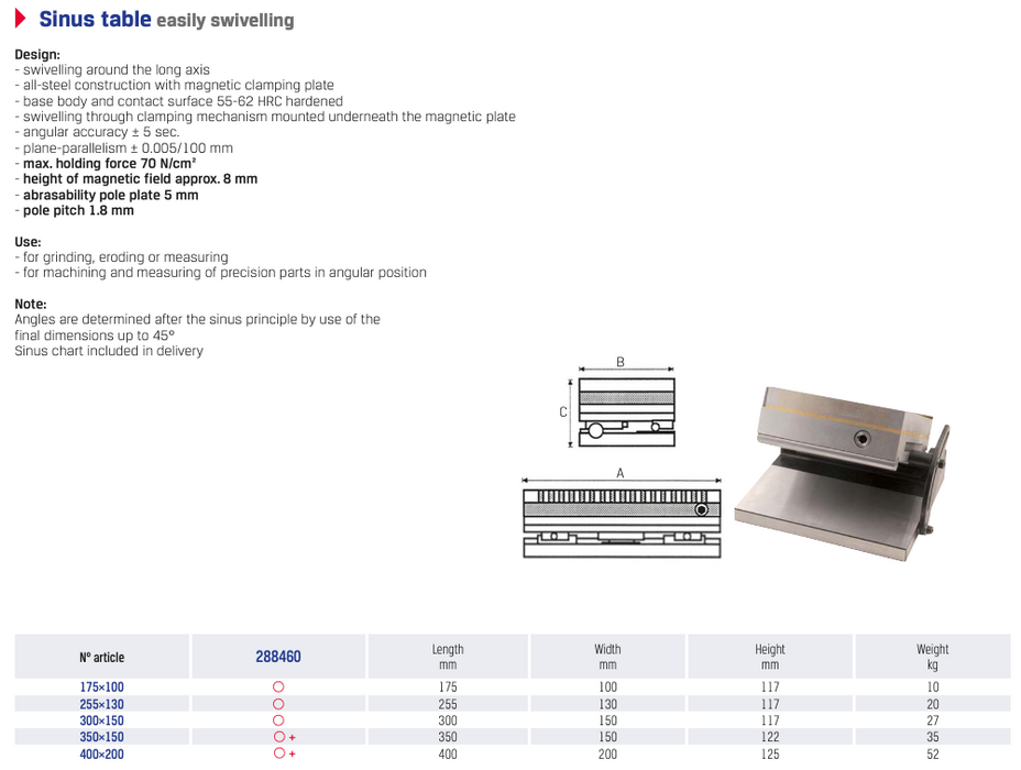 Sinusoidal Magnetic Chuck Table for Surface Grinders Permanent