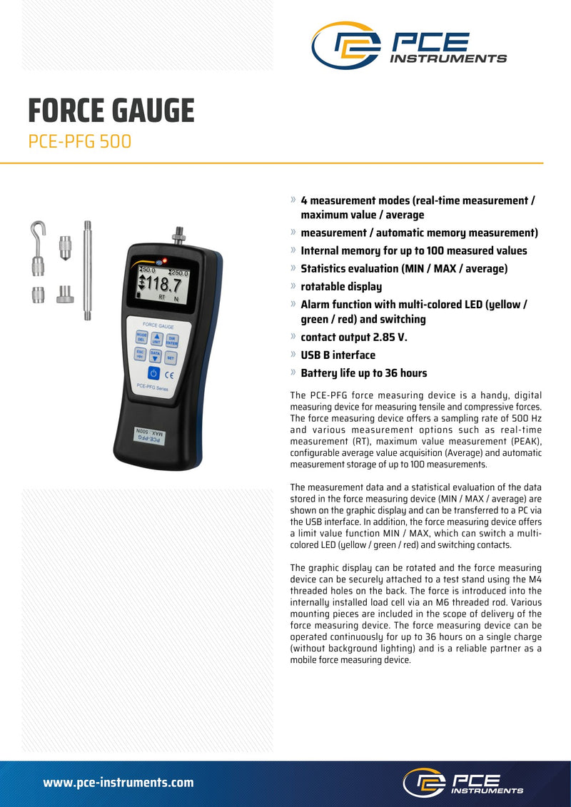 Δυναμόμετρο Ψηφιακό εφελκυσμού-θλίψης (Newtonmeter Push-Pull) 10...2000N - datasheet PCE-PFG 500 σελίδα 1