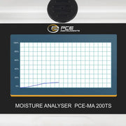 Οθόνη θερμοζυγού υγρασίας PCE Instruments PCE‑MA 200TS με γράφημα ποσοστού σε πλέγμα και λογότυπο PCE