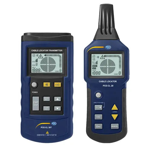 Σετ ανιχνευτή καλωδίων PCE Instruments PCE-CL 20 με πομπό και δέκτη, μπλε, οθόνες LCD και πλήκτρα ελέγχου