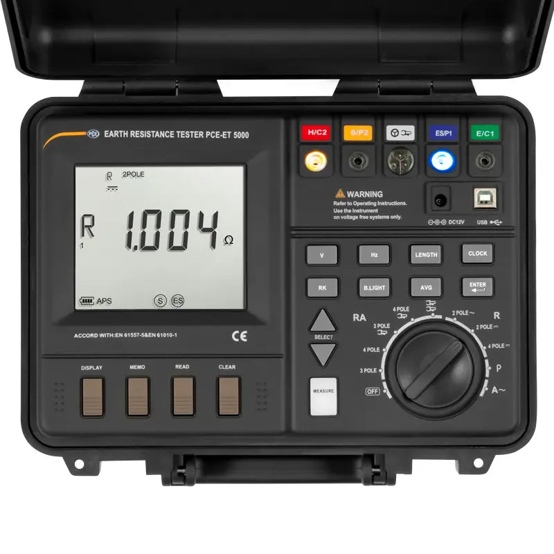 Μετρητής γείωσης 4 πόλων PCE Instruments PCE-ET 5000 με μεγάλη LCD οθόνη και περιστροφικό επιλογέα σε βαλίτσα μεταφοράς