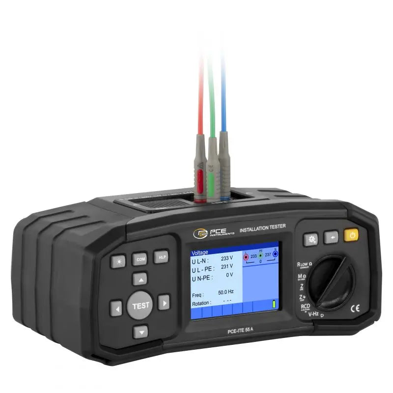 Μετρητής μόνωσης PCE Instruments PCE-ITE 55A, μαύρος με έγχρωμη οθόνη και περιστροφικό διακόπτη, καλώδια μέτρησης επάνω