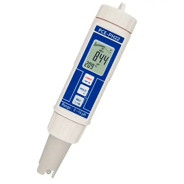 Μετρητής pH PCE Instruments PCE-PH 22 με ενσωματωμένο probe, ψηφιακή οθόνη και κουμπιά HOLD/REC, λευκό-μπλε σώμα