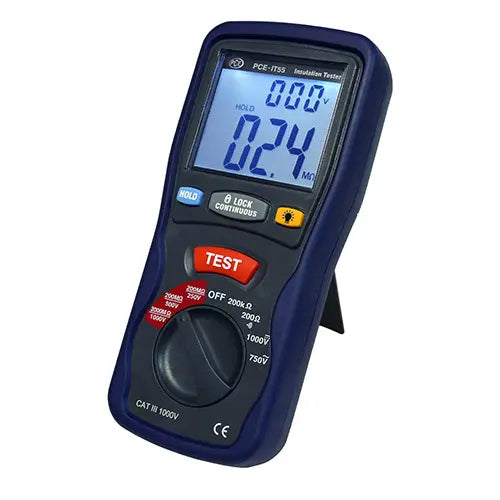 Μετρητής μόνωσης PCE Instruments PCE-IT55 1000V, μπλε, με φωτιζόμενη οθόνη και περιστροφικό επιλογέα TEST