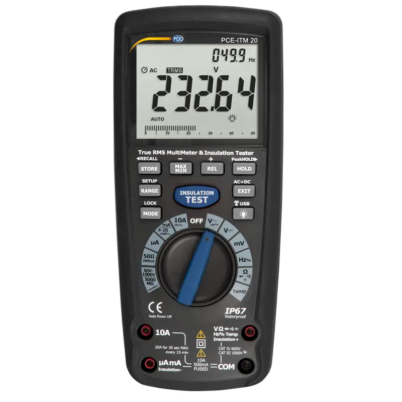 Πολύμετρο/μετρητής μόνωσης PCE Instruments PCE-ITM 20 με μεγάλη οθόνη και περιστροφικό επιλογέα, IP67