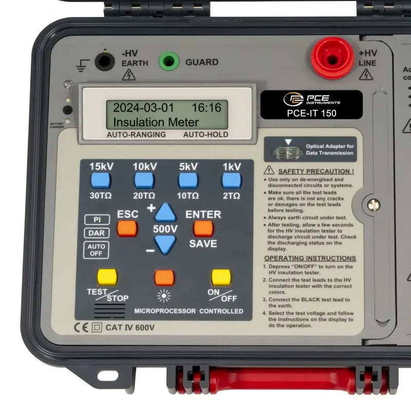 Μετρητής μόνωσης PCE Instruments PCE-IT 150 με οθόνη LCD, πλήκτρα 1–15kV και ακροδέκτες HV/Guard/Earth σε βαλίτσα