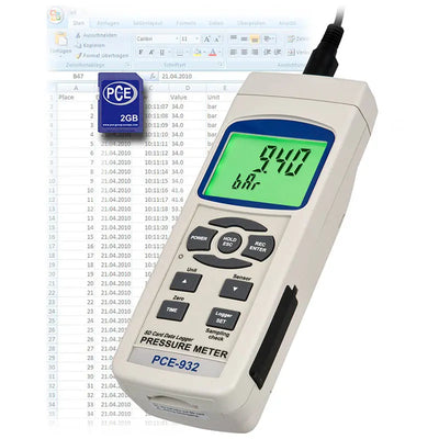 Ψηφιακό μανόμετρο PCE Instruments PCE-932 με πράσινη οθόνη LCD και πλήκτρα χειρισμού, με κάρτα SD 2GB
