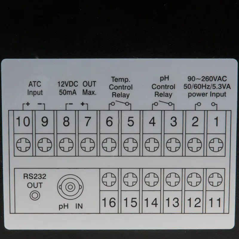 Πίσω όψη οθόνης πεχαμέτρου PCE Instruments PCE-PHC 10 με κλέμες σύνδεσης, RS232 OUT και pH IN