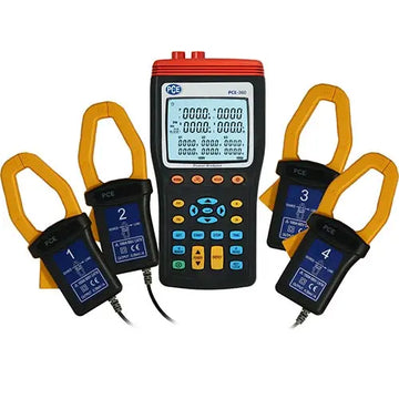 Πολύμετρο datalogger PCE Instruments PCE-360 με μεγάλη οθόνη και 4 κίτρινες δαγκάνες ρεύματος αριθμημένες 1-4