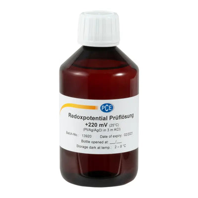 Διάλυμα redox PCE PCE-RTS-220 +220 mV σε καφέ φιάλη με λευκό καπάκι και ετικέτα PCE