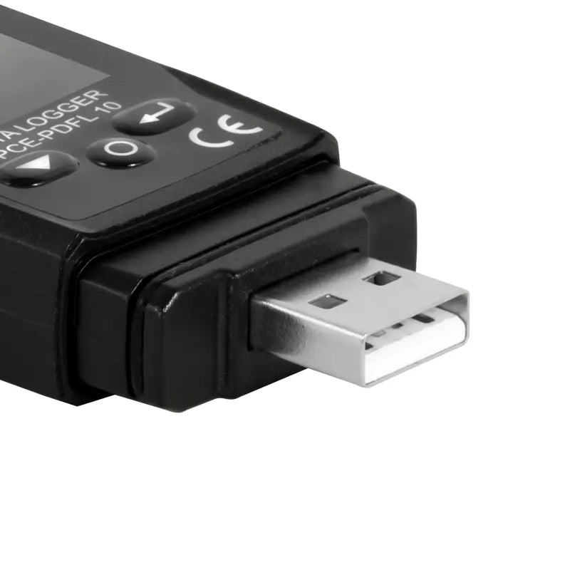 PCE Instruments PCE-PDFL 10 USB data logger σε μαύρο σώμα, με ενσωματωμένο βύσμα USB και πλήκτρα ελέγχου