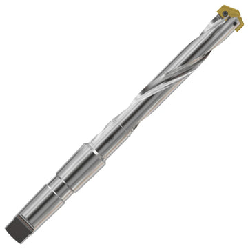 Yg EXSMT extra extended spade drill holder, metal with helical flutes and yellow cutting insert at the head