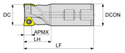 Σκίτσο διαστάσεων YG-1 E90 TPKT κονδύλι Weldon - DC, DCON, LF, LH, APMX