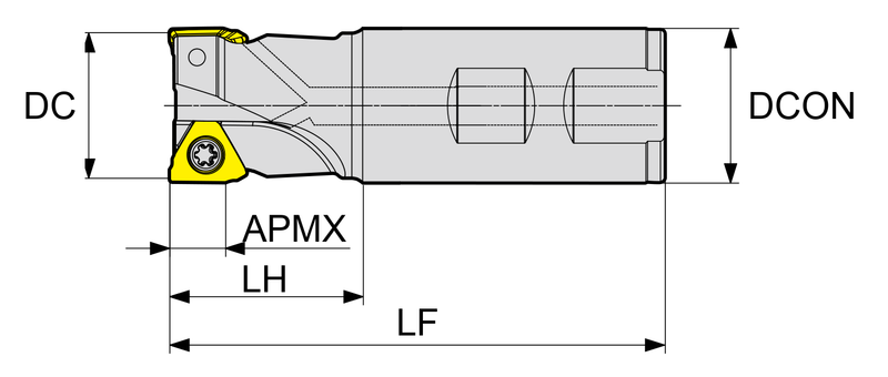 Σκίτσο διαστάσεων YG-1 E90 TPKT κονδύλι Weldon - DC, DCON, LF, LH, APMX