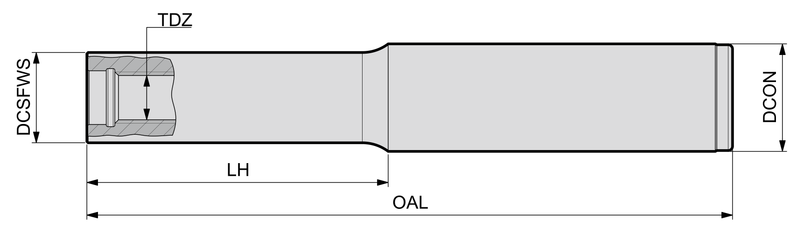 Σκίτσο διαστάσεων YG-1 EM Modular Shank - DCSFWS, TDZ, LH, OAL, DCON