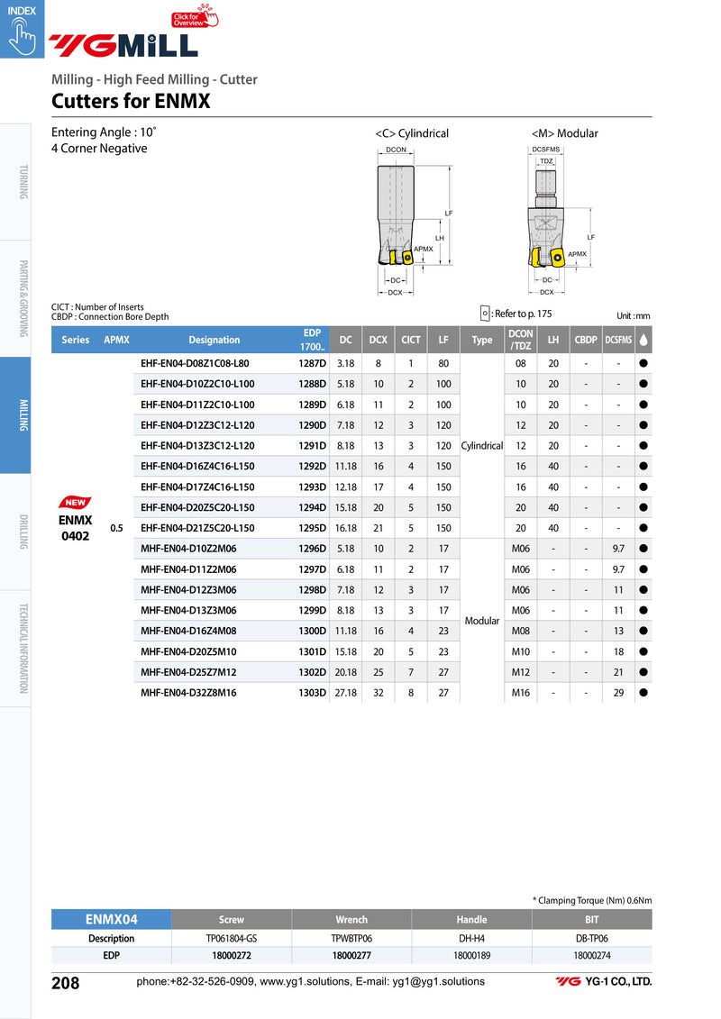 Τεχνικά χαρακτηριστικά YG-1 High Feed ENMX - Κονδύλια με πλακίδια ENMX04 (σελ. 1)