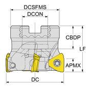 Σκίτσο διαστάσεων YG-1 F90 TPKT φρεζοκεφαλή - DC, DCON, DCSFMS, CBDP, LF, APMX