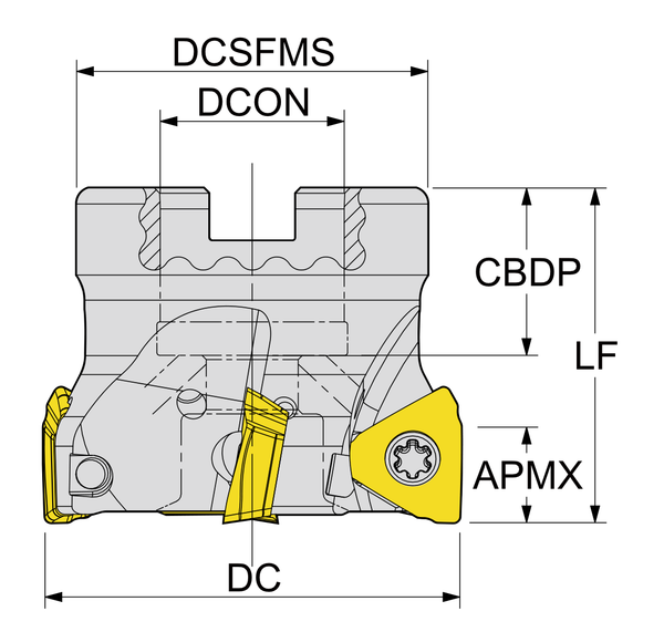 Σκίτσο διαστάσεων YG-1 F90 TPKT φρεζοκεφαλή - DC, DCON, DCSFMS, CBDP, LF, APMX