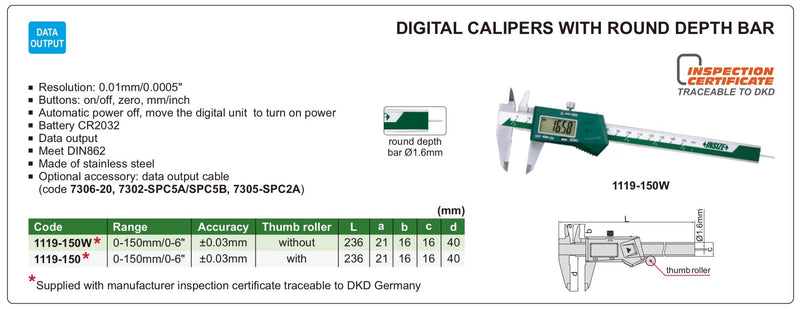 Παχύμετρο Ψηφιακό με Στρογγυλή Μπάρα Βαθυμέτρησης Insize