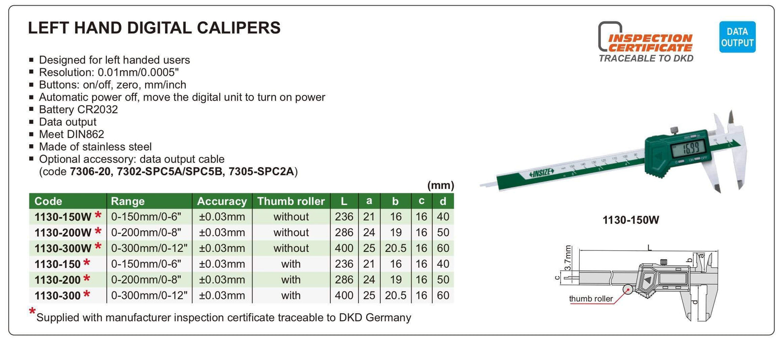 1130-150 - Παχύμετρο Ψηφιακό  για Αριστερόχειρες <300mm