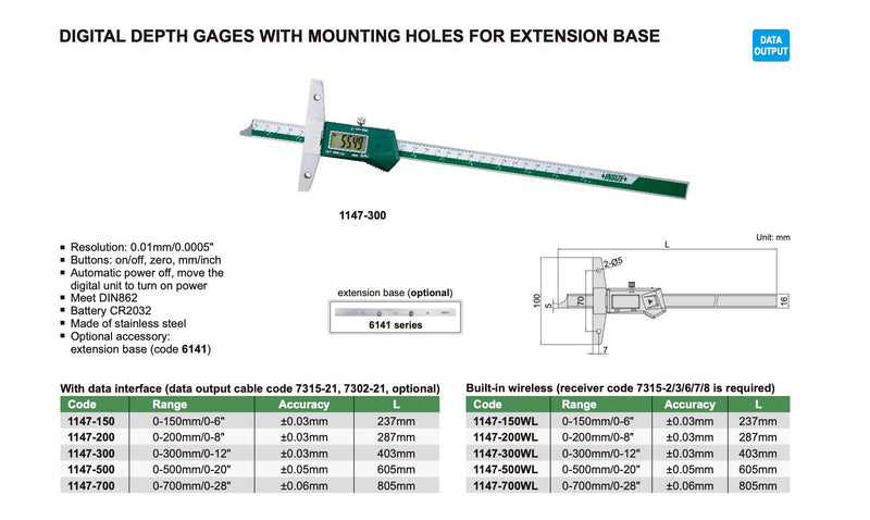 Bαθύμετρο Ψηφιακό - Με προέκταση πέλματος Insize