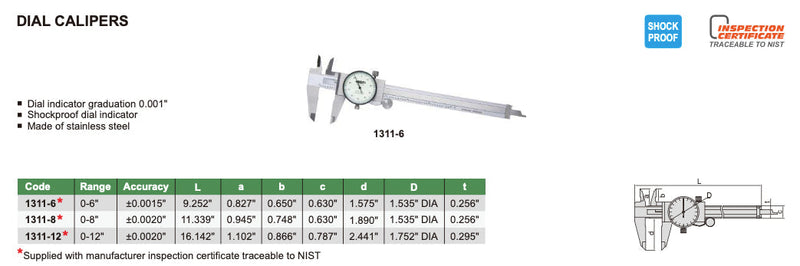 Τεχνικά χαρακτηριστικά 1311-6 - Παχυμετρο με Ρολοι Shockproof ΙΝΤΣΑΣ