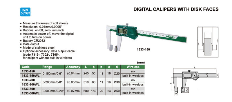 Παχύμετρο με Πλακε Σιαγώνες για μέτρηση μαλακών υλικών, συρματοσχοινων, σφουγγάρια κτλ) Insize