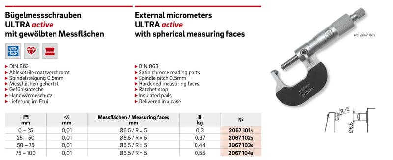 Μικρόμετρο 2 Μπίλιες για Σωλήνες και Καμπύλες Επιφάνειες Ultra