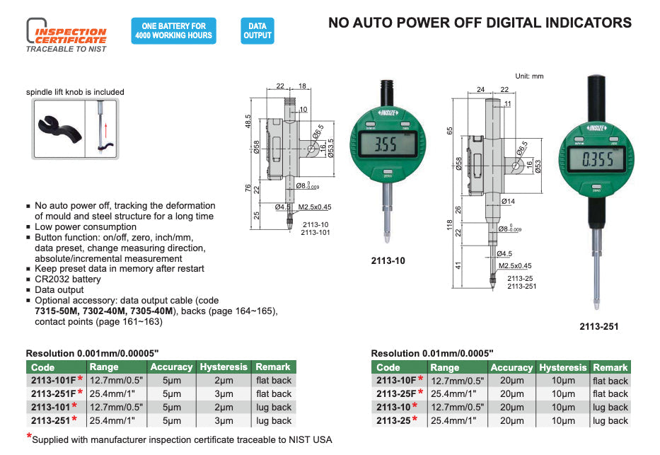 2113 - Μετρητικό Ρολόι Γράφτη Ψηφιακό - NO AUTO POWER OFF - 0.01mm/0.001mm